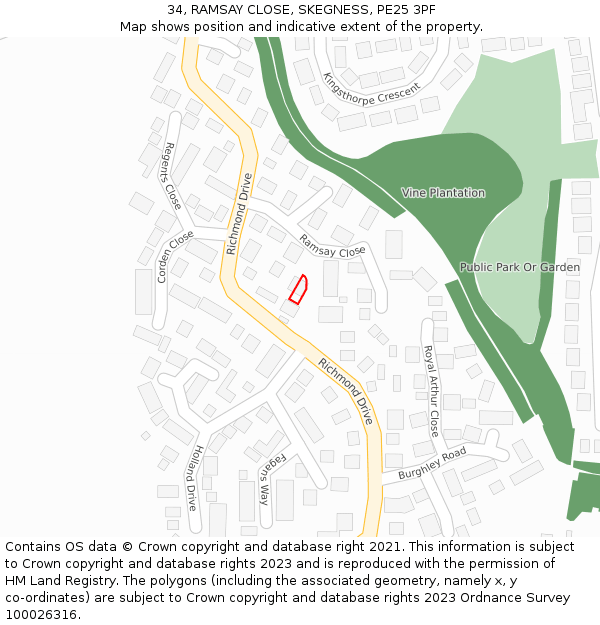 34, RAMSAY CLOSE, SKEGNESS, PE25 3PF: Location map and indicative extent of plot