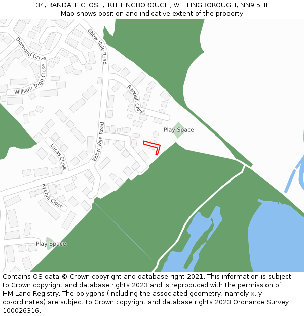 34, RANDALL CLOSE, IRTHLINGBOROUGH, WELLINGBOROUGH, NN9 5HE: Location map and indicative extent of plot
