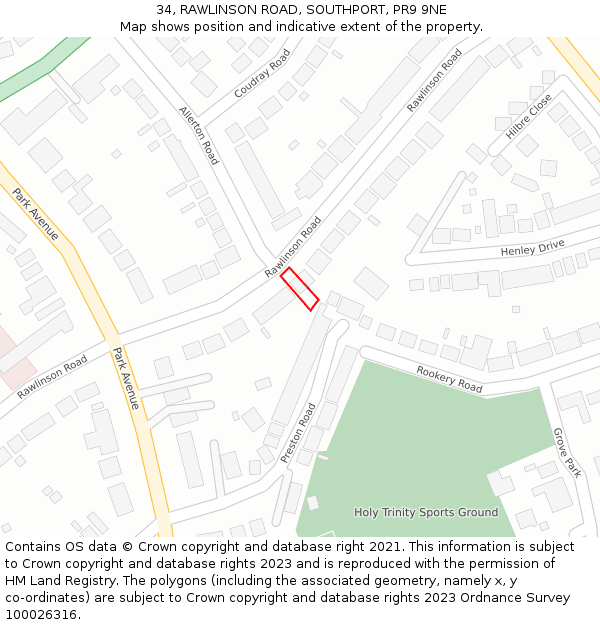 34, RAWLINSON ROAD, SOUTHPORT, PR9 9NE: Location map and indicative extent of plot