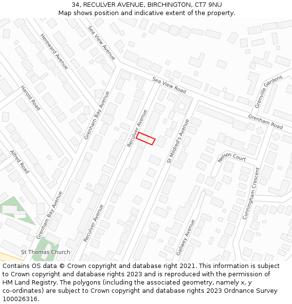 34, RECULVER AVENUE, BIRCHINGTON, CT7 9NU: Location map and indicative extent of plot