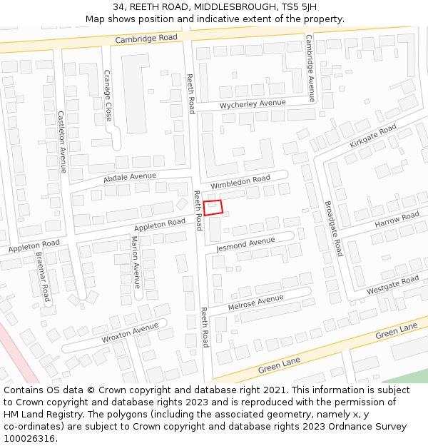 34, REETH ROAD, MIDDLESBROUGH, TS5 5JH: Location map and indicative extent of plot