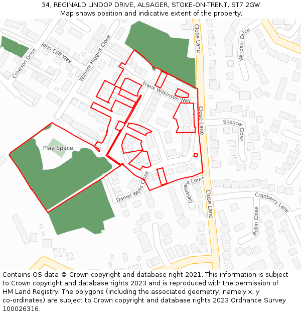 34, REGINALD LINDOP DRIVE, ALSAGER, STOKE-ON-TRENT, ST7 2GW: Location map and indicative extent of plot