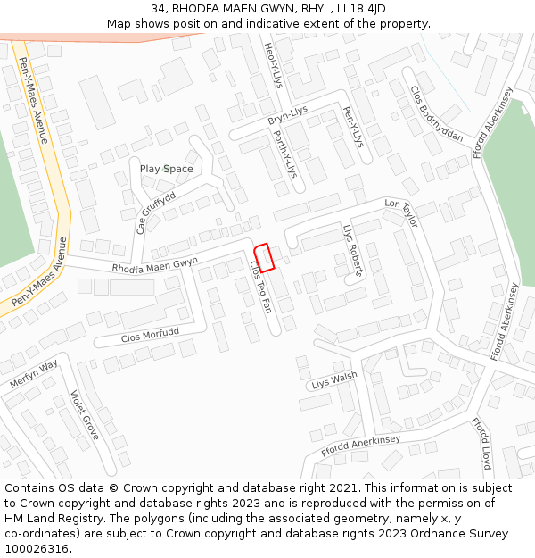 34, RHODFA MAEN GWYN, RHYL, LL18 4JD: Location map and indicative extent of plot