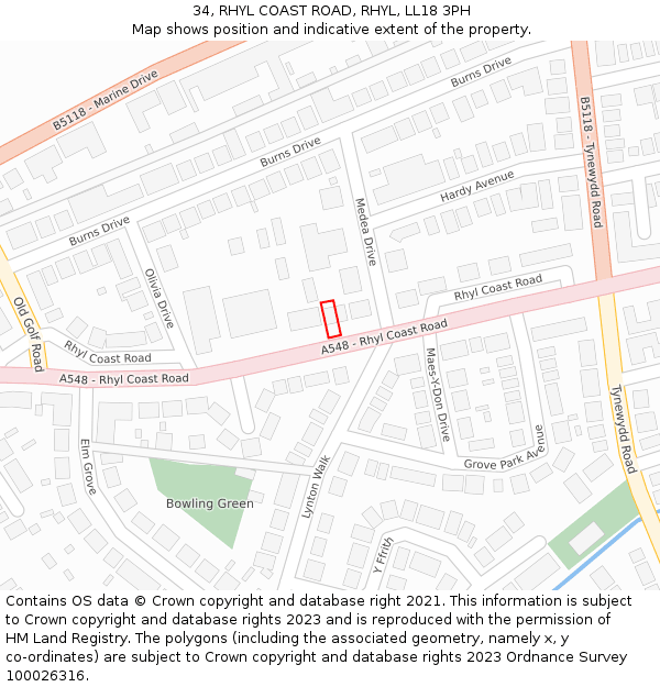 34, RHYL COAST ROAD, RHYL, LL18 3PH: Location map and indicative extent of plot