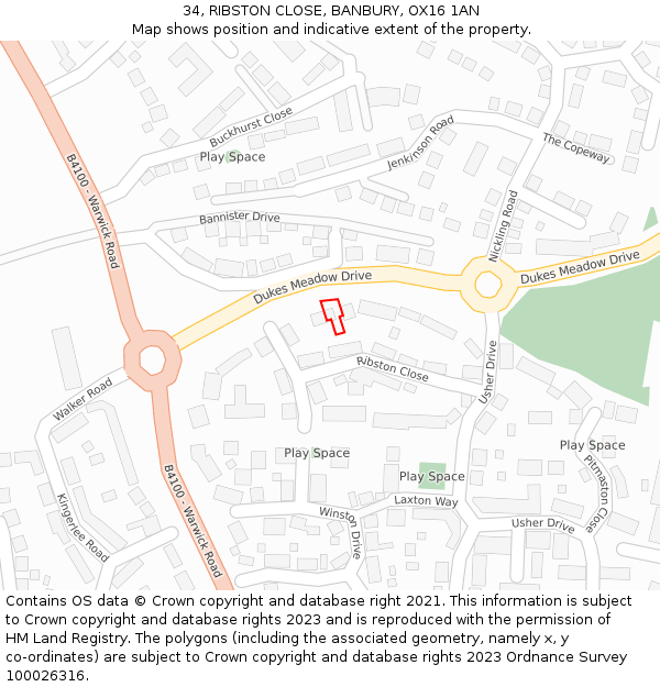 34, RIBSTON CLOSE, BANBURY, OX16 1AN: Location map and indicative extent of plot