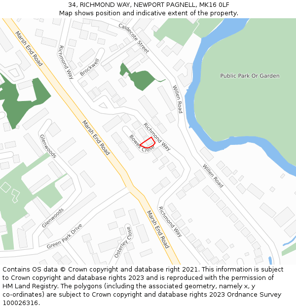 34, RICHMOND WAY, NEWPORT PAGNELL, MK16 0LF: Location map and indicative extent of plot