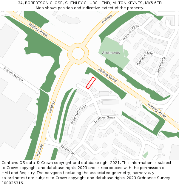 34, ROBERTSON CLOSE, SHENLEY CHURCH END, MILTON KEYNES, MK5 6EB: Location map and indicative extent of plot