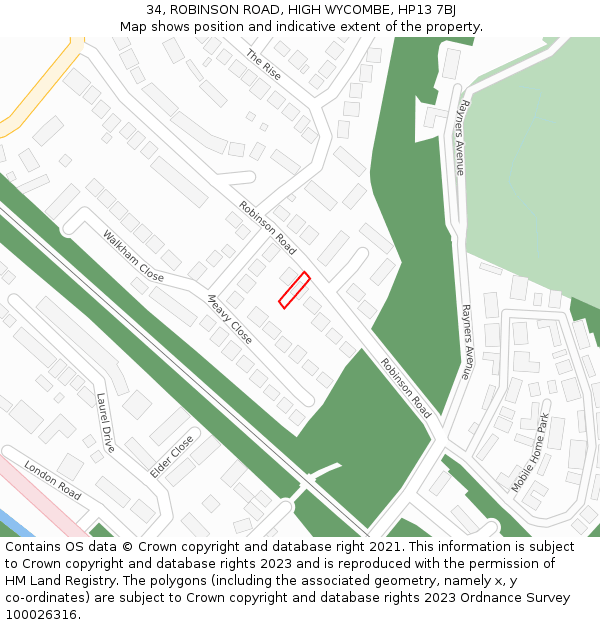 34, ROBINSON ROAD, HIGH WYCOMBE, HP13 7BJ: Location map and indicative extent of plot