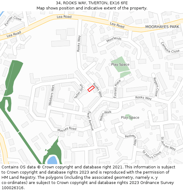 34, ROOKS WAY, TIVERTON, EX16 6FE: Location map and indicative extent of plot