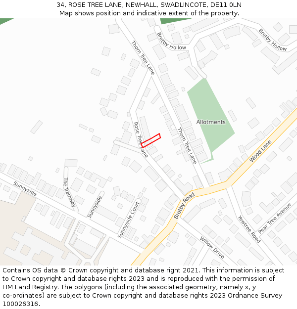 34, ROSE TREE LANE, NEWHALL, SWADLINCOTE, DE11 0LN: Location map and indicative extent of plot