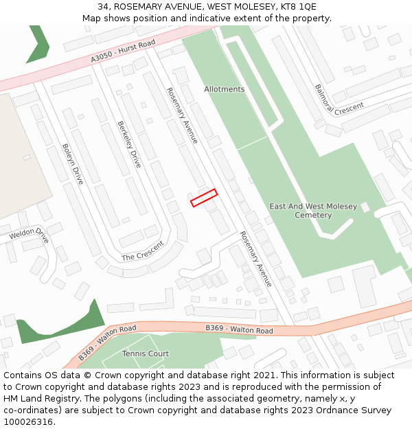 34, ROSEMARY AVENUE, WEST MOLESEY, KT8 1QE: Location map and indicative extent of plot