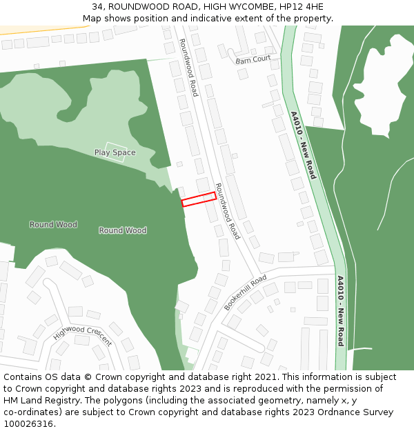 34, ROUNDWOOD ROAD, HIGH WYCOMBE, HP12 4HE: Location map and indicative extent of plot