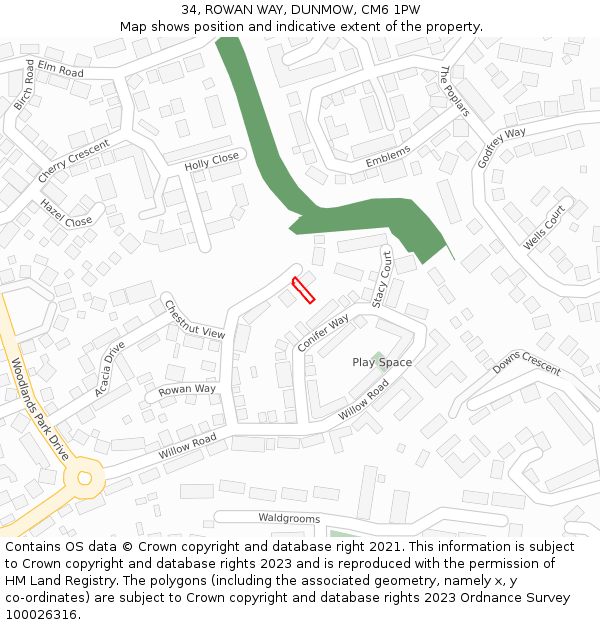 34, ROWAN WAY, DUNMOW, CM6 1PW: Location map and indicative extent of plot