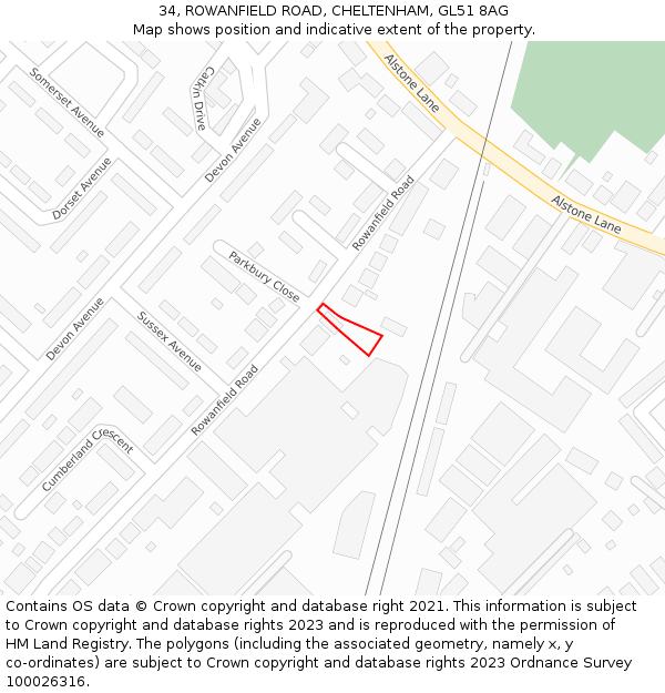 34, ROWANFIELD ROAD, CHELTENHAM, GL51 8AG: Location map and indicative extent of plot