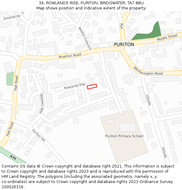 34, ROWLANDS RISE, PURITON, BRIDGWATER, TA7 8BU: Location map and indicative extent of plot