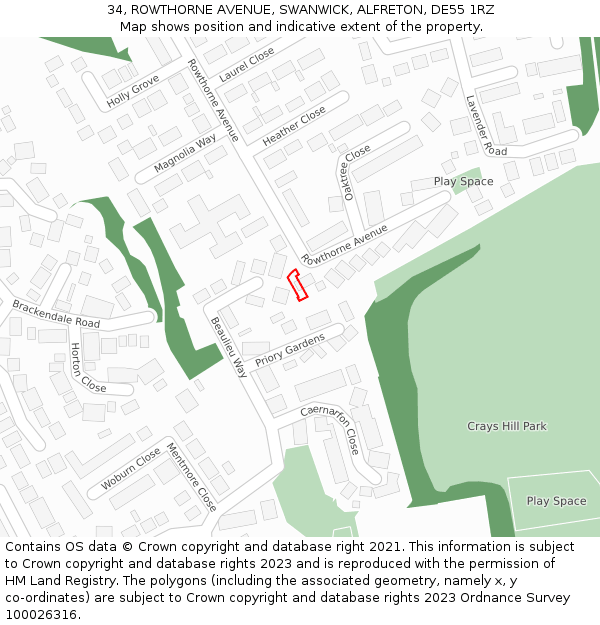 34, ROWTHORNE AVENUE, SWANWICK, ALFRETON, DE55 1RZ: Location map and indicative extent of plot