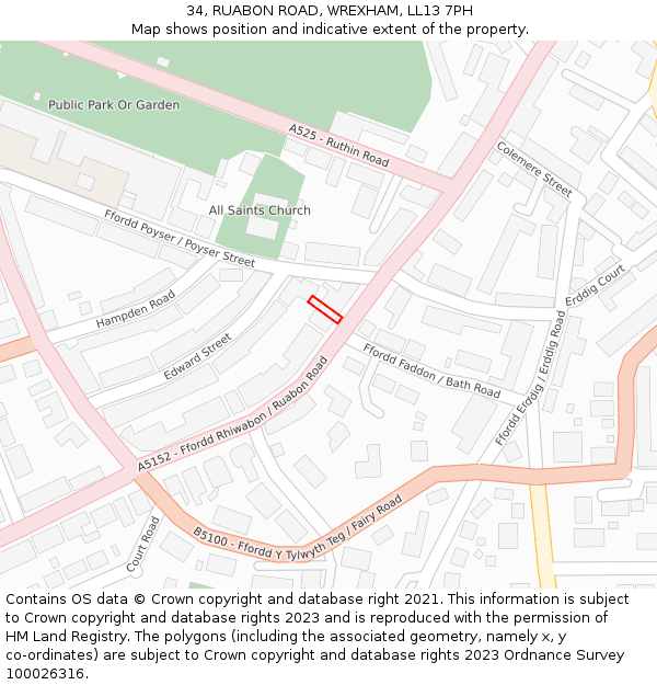 34, RUABON ROAD, WREXHAM, LL13 7PH: Location map and indicative extent of plot