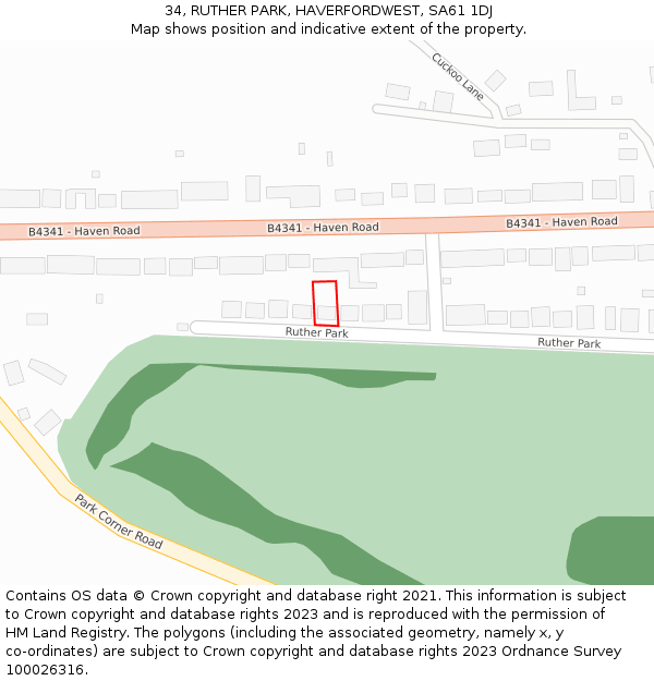 34, RUTHER PARK, HAVERFORDWEST, SA61 1DJ: Location map and indicative extent of plot