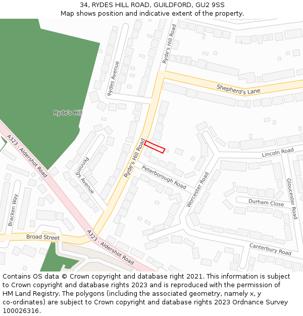 34, RYDES HILL ROAD, GUILDFORD, GU2 9SS: Location map and indicative extent of plot