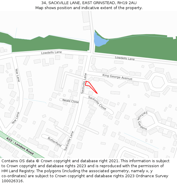 34, SACKVILLE LANE, EAST GRINSTEAD, RH19 2AU: Location map and indicative extent of plot