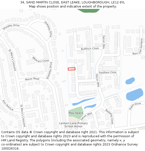 34, SAND MARTIN CLOSE, EAST LEAKE, LOUGHBOROUGH, LE12 6YL: Location map and indicative extent of plot