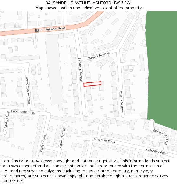 34, SANDELLS AVENUE, ASHFORD, TW15 1AL: Location map and indicative extent of plot