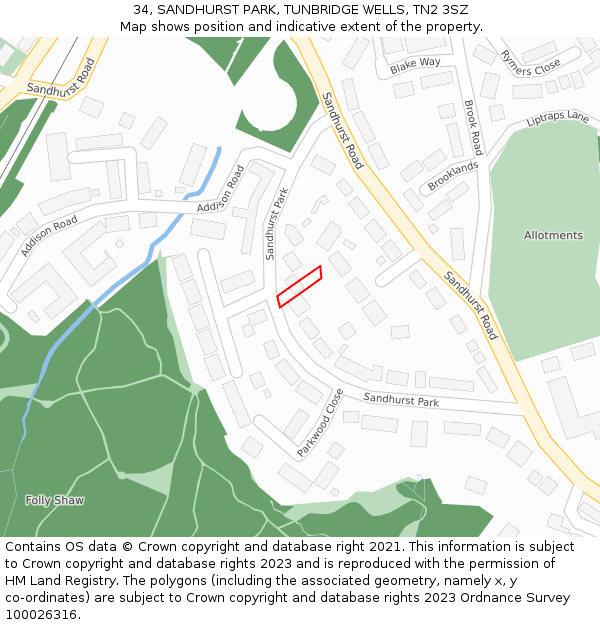 34, SANDHURST PARK, TUNBRIDGE WELLS, TN2 3SZ: Location map and indicative extent of plot