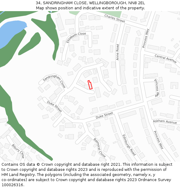 34, SANDRINGHAM CLOSE, WELLINGBOROUGH, NN8 2EL: Location map and indicative extent of plot