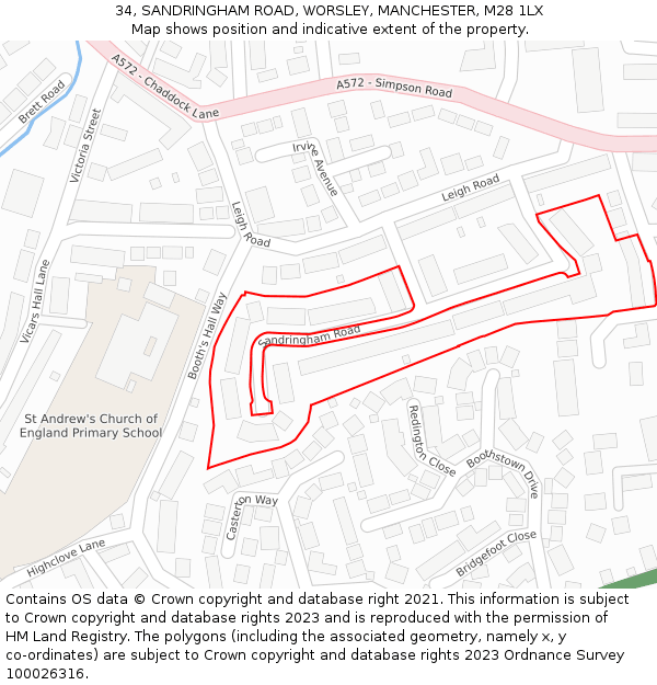 34, SANDRINGHAM ROAD, WORSLEY, MANCHESTER, M28 1LX: Location map and indicative extent of plot