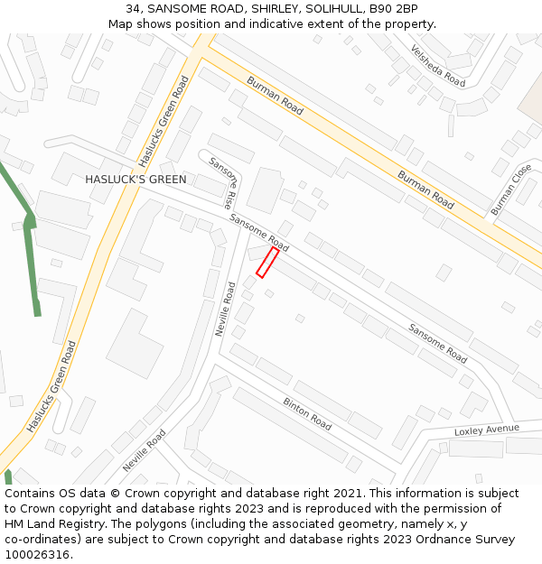 34, SANSOME ROAD, SHIRLEY, SOLIHULL, B90 2BP: Location map and indicative extent of plot