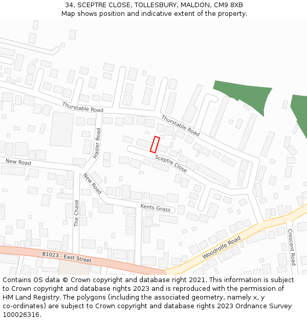 34, SCEPTRE CLOSE, TOLLESBURY, MALDON, CM9 8XB: Location map and indicative extent of plot