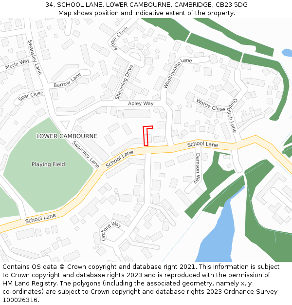 34, SCHOOL LANE, LOWER CAMBOURNE, CAMBRIDGE, CB23 5DG: Location map and indicative extent of plot