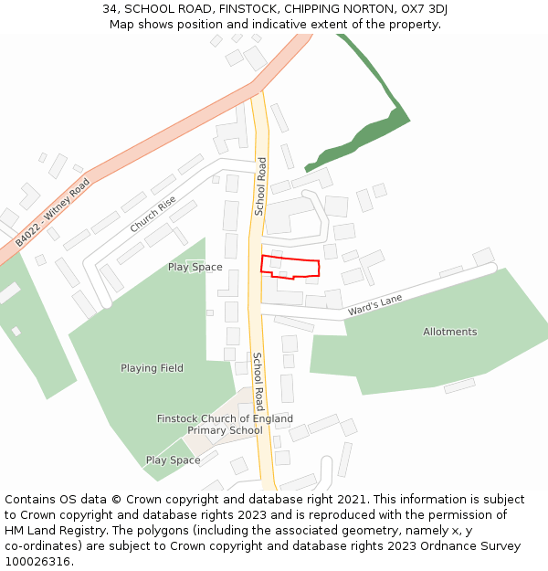 34, SCHOOL ROAD, FINSTOCK, CHIPPING NORTON, OX7 3DJ: Location map and indicative extent of plot