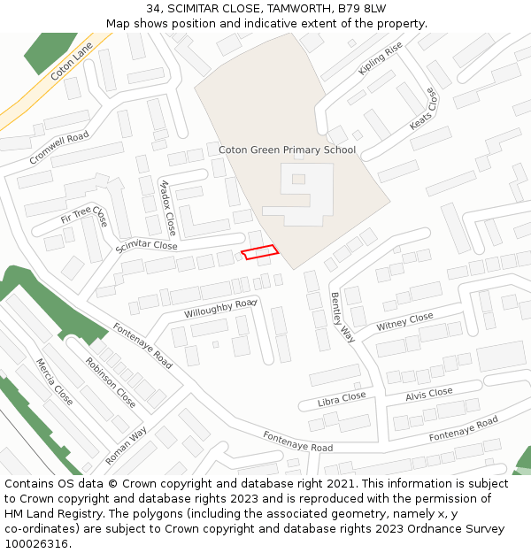 34, SCIMITAR CLOSE, TAMWORTH, B79 8LW: Location map and indicative extent of plot