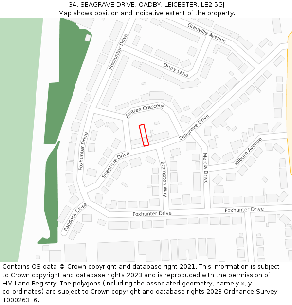 34, SEAGRAVE DRIVE, OADBY, LEICESTER, LE2 5GJ: Location map and indicative extent of plot