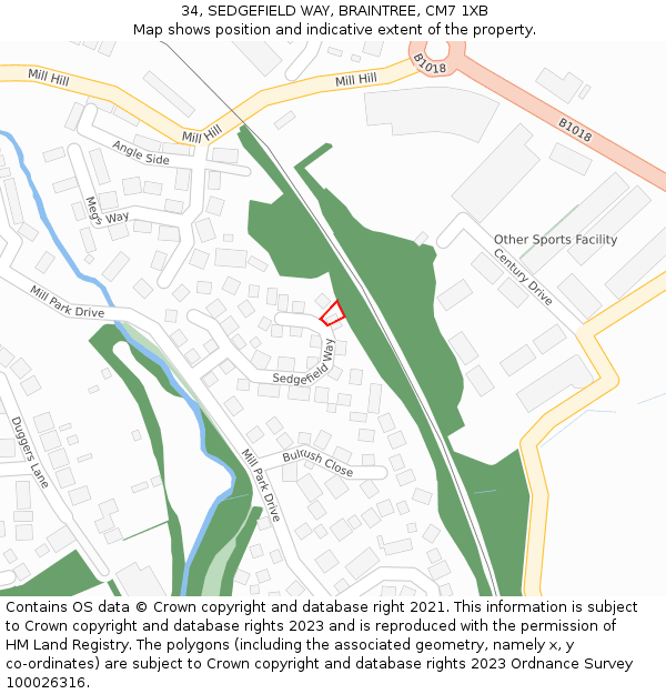 34, SEDGEFIELD WAY, BRAINTREE, CM7 1XB: Location map and indicative extent of plot