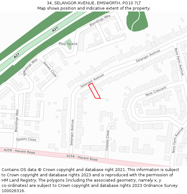 34, SELANGOR AVENUE, EMSWORTH, PO10 7LT: Location map and indicative extent of plot