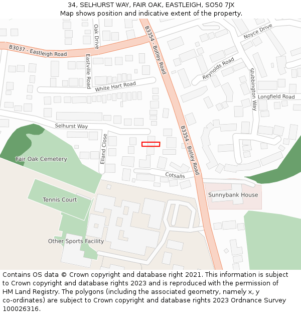 34, SELHURST WAY, FAIR OAK, EASTLEIGH, SO50 7JX: Location map and indicative extent of plot