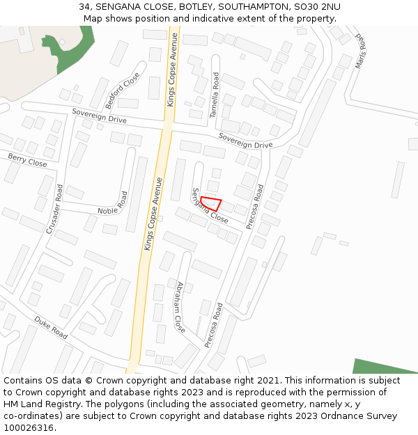 34, SENGANA CLOSE, BOTLEY, SOUTHAMPTON, SO30 2NU: Location map and indicative extent of plot