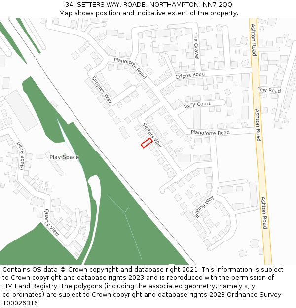 34, SETTERS WAY, ROADE, NORTHAMPTON, NN7 2QQ: Location map and indicative extent of plot