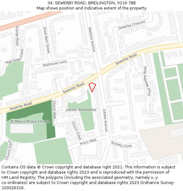 34, SEWERBY ROAD, BRIDLINGTON, YO16 7BE: Location map and indicative extent of plot