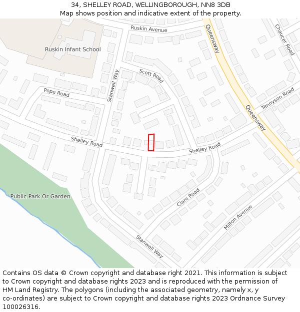 34, SHELLEY ROAD, WELLINGBOROUGH, NN8 3DB: Location map and indicative extent of plot