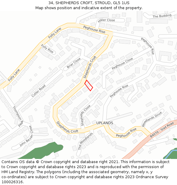 34, SHEPHERDS CROFT, STROUD, GL5 1US: Location map and indicative extent of plot