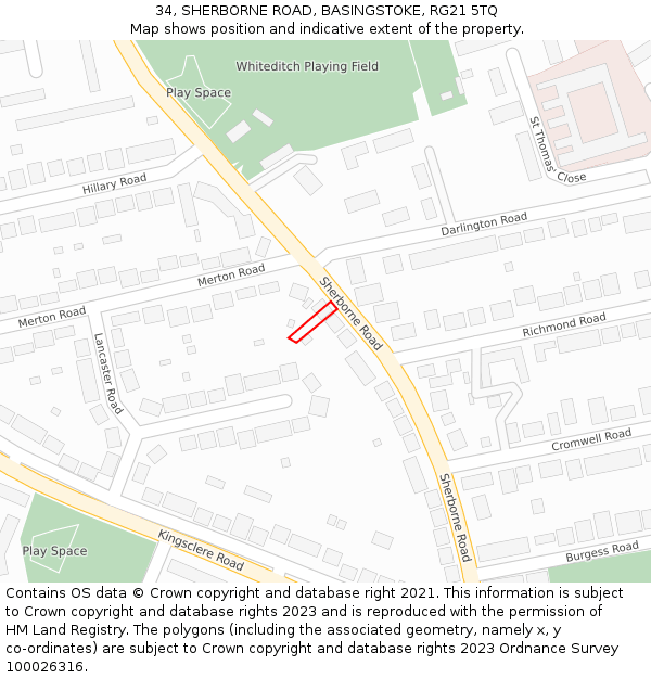 34, SHERBORNE ROAD, BASINGSTOKE, RG21 5TQ: Location map and indicative extent of plot