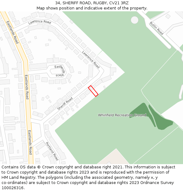 34, SHERIFF ROAD, RUGBY, CV21 3RZ: Location map and indicative extent of plot