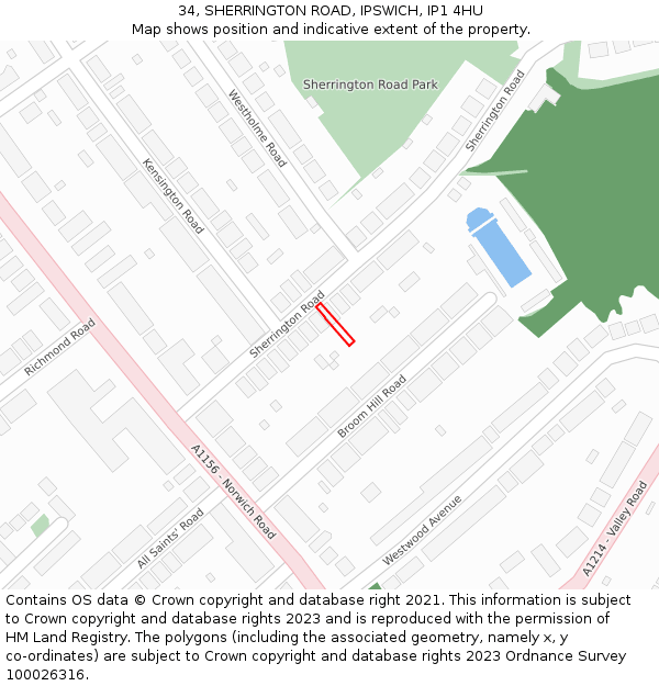 34, SHERRINGTON ROAD, IPSWICH, IP1 4HU: Location map and indicative extent of plot