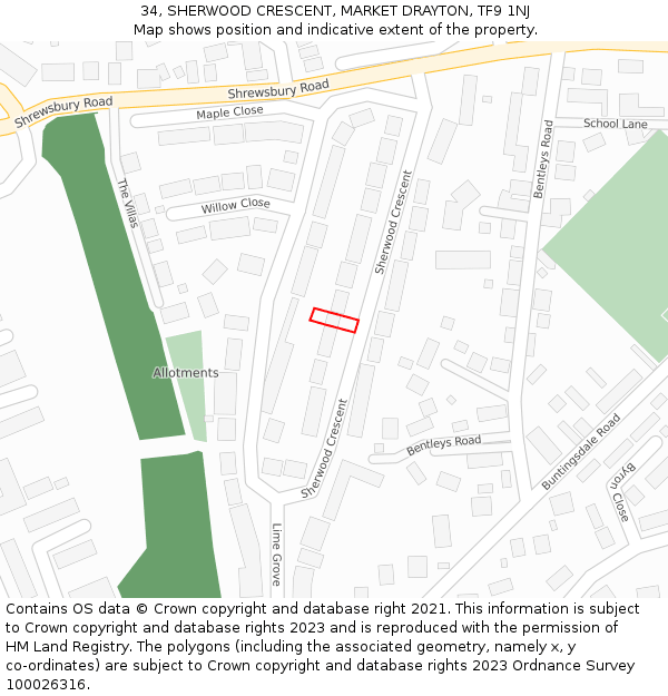 34, SHERWOOD CRESCENT, MARKET DRAYTON, TF9 1NJ: Location map and indicative extent of plot