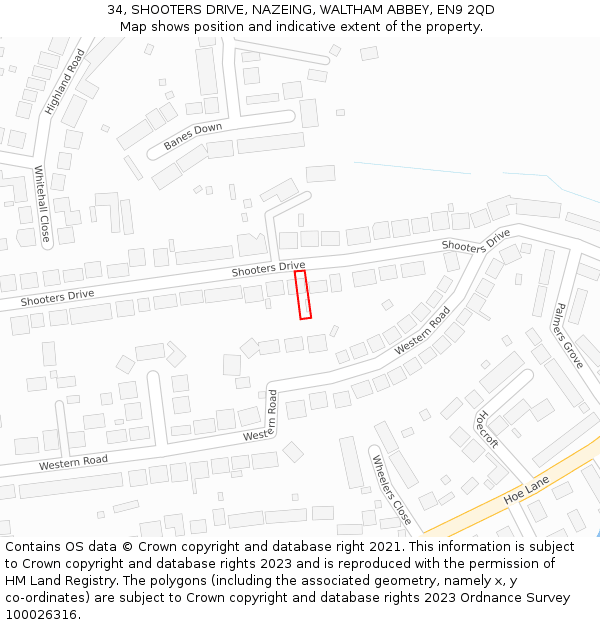 34, SHOOTERS DRIVE, NAZEING, WALTHAM ABBEY, EN9 2QD: Location map and indicative extent of plot