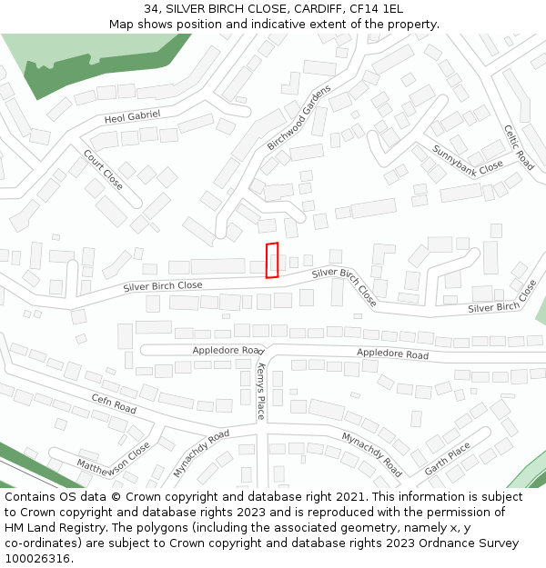 34, SILVER BIRCH CLOSE, CARDIFF, CF14 1EL: Location map and indicative extent of plot