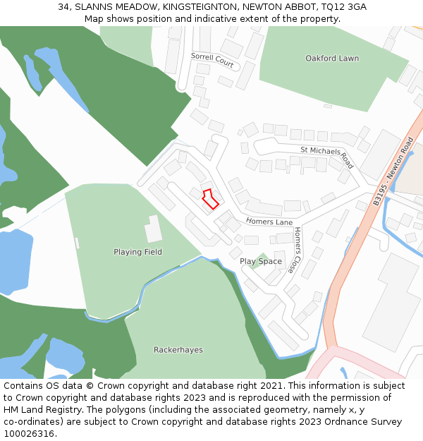 34, SLANNS MEADOW, KINGSTEIGNTON, NEWTON ABBOT, TQ12 3GA: Location map and indicative extent of plot